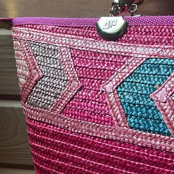 Hot Pink Woven Straw Tote Wood Handles Resort Bag Made in Italy NWOT Piergiorgio - Picture 4 of 16